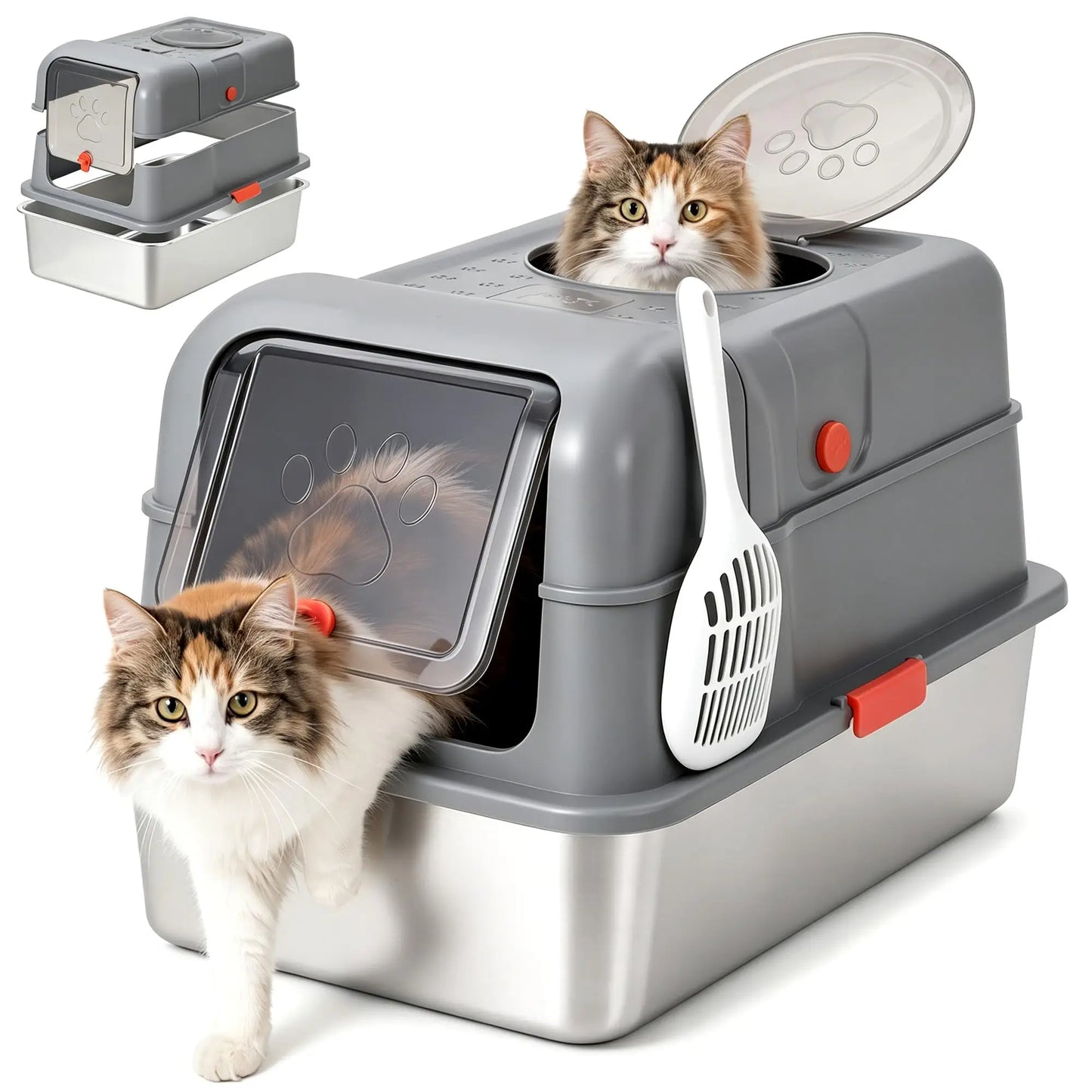 Studyset Enclosed Stainless Steel Cats Litter Box With Front Entry And Scoop