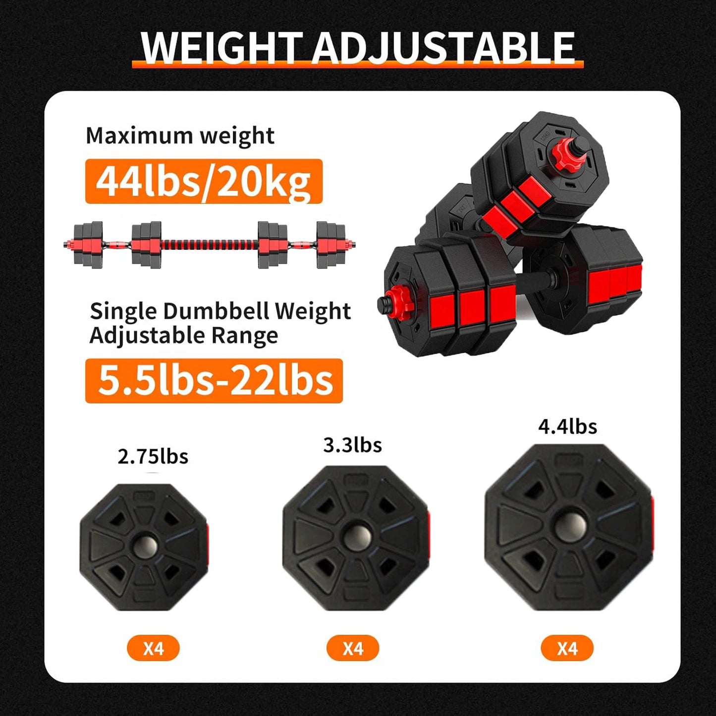 Adjustable Dumbbell To Barbell 44lb 3 In 1 Home Gym Set