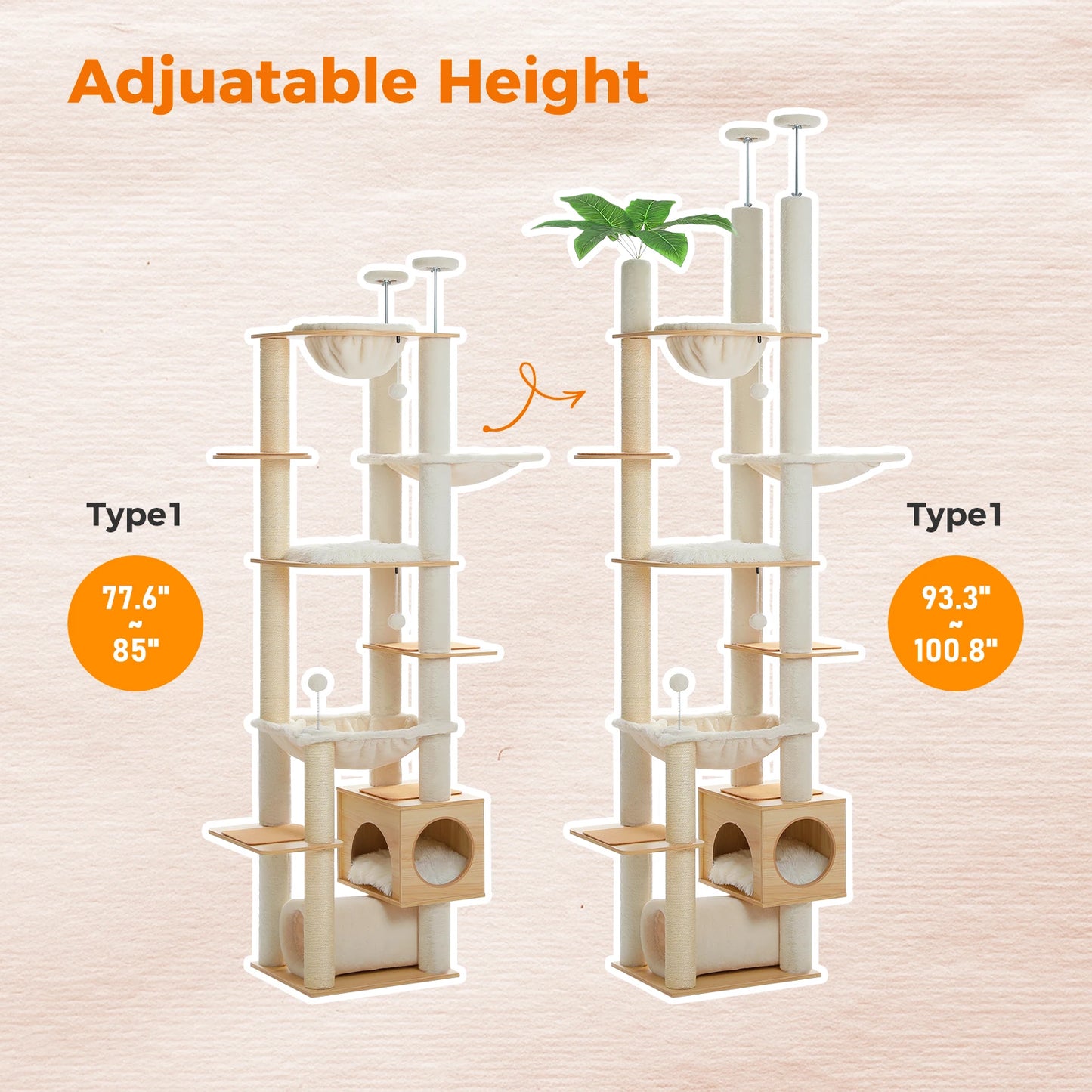 PAWZ Road Height Adjustable Cat Tree With Hammock Sisal Posts