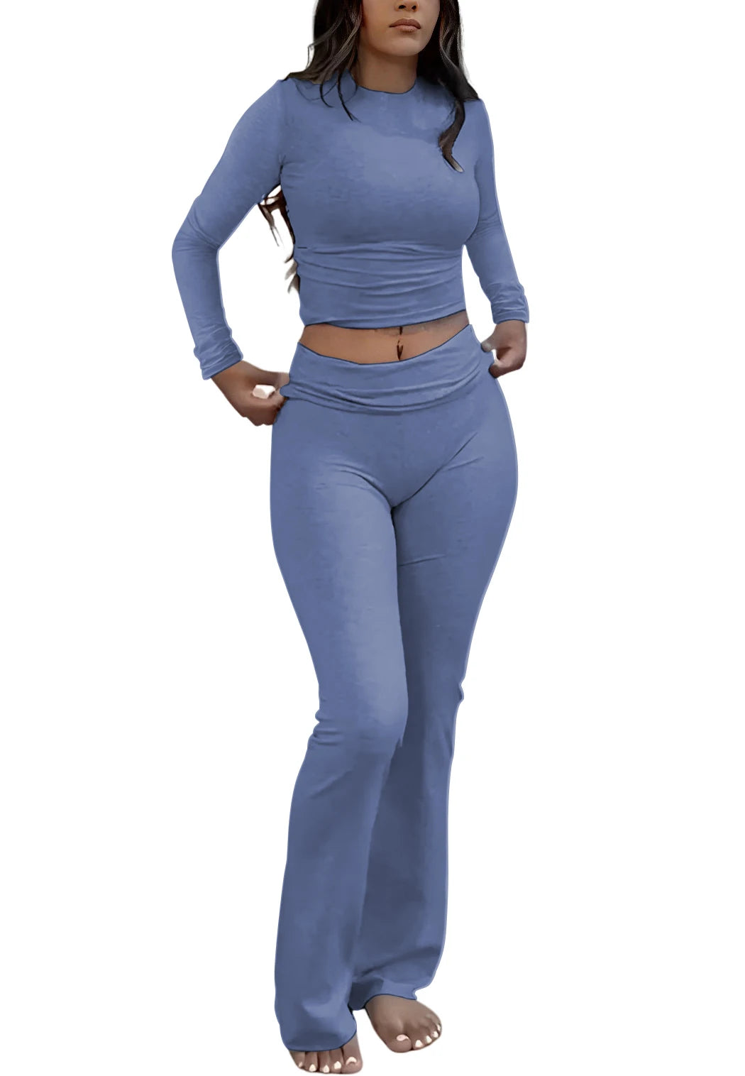 NONECN Women's Yoga Two-Piece Set Long Sleeve Wide-Leg Activewear