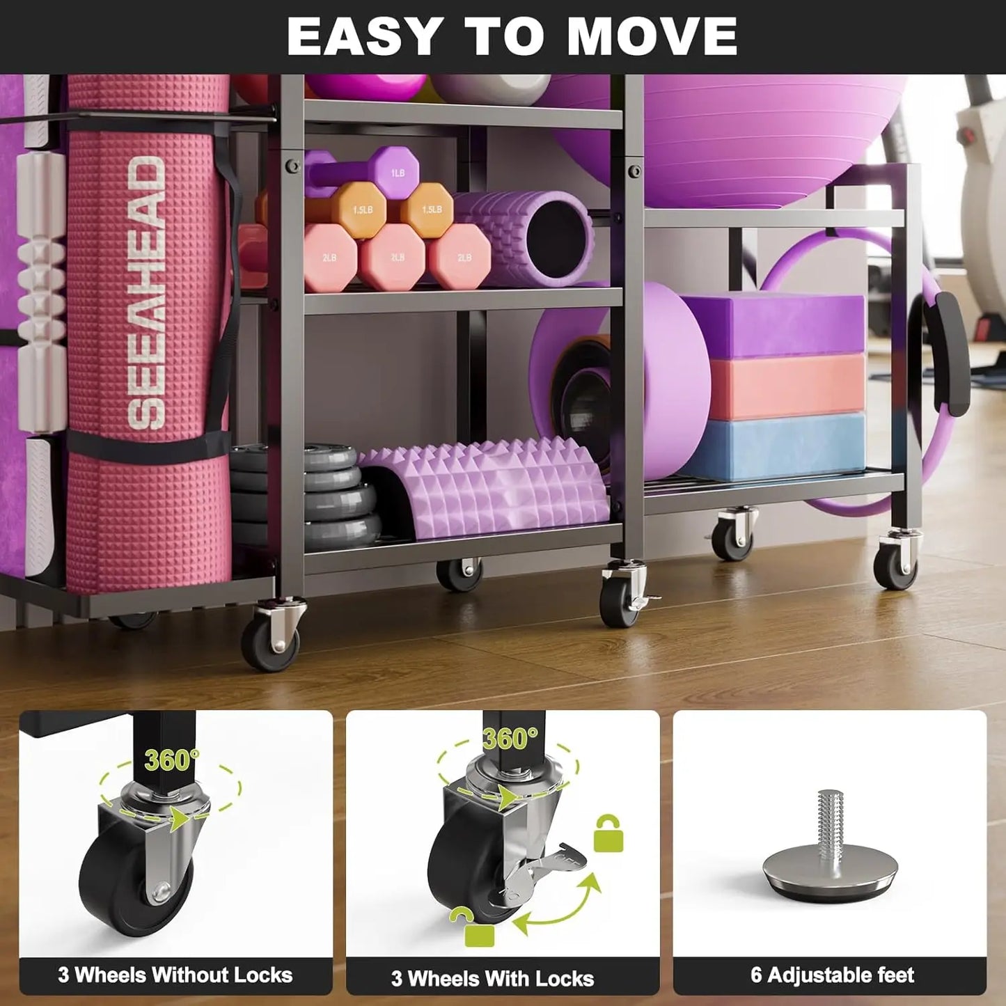 6-Tier Adjustable Gym Storage Rack With Wheels For Dumbbells And Yoga Mats