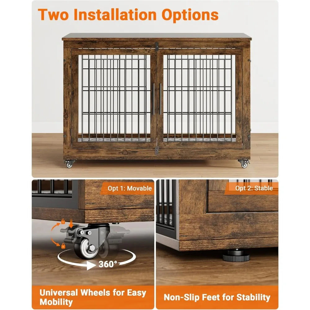 Engineered Wood Dog Crate Furniture With Cushion Set Of 2