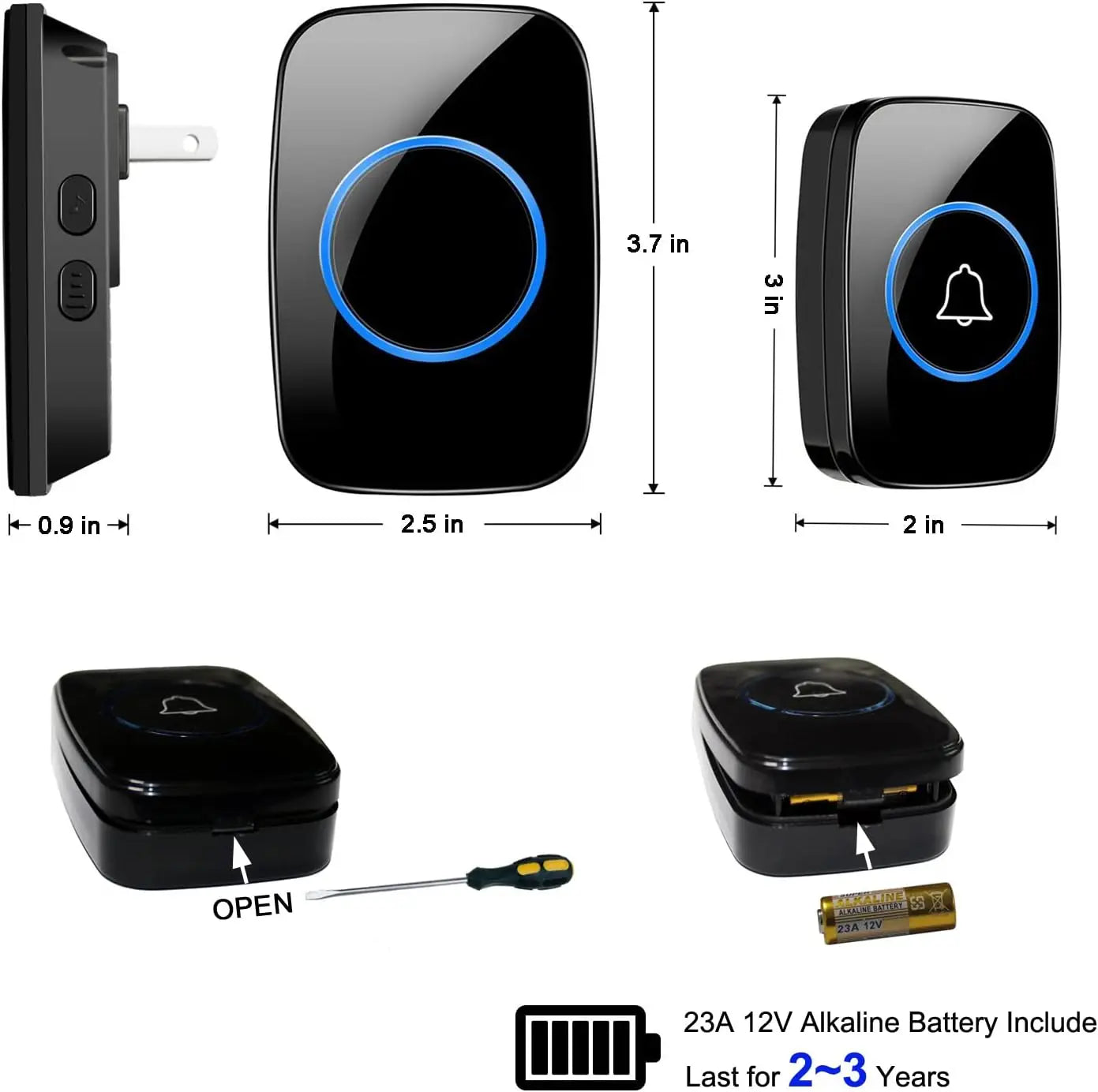 Wireless Doorbell Kit With 1000ft Range, Waterproof, 60 Chimes, LED