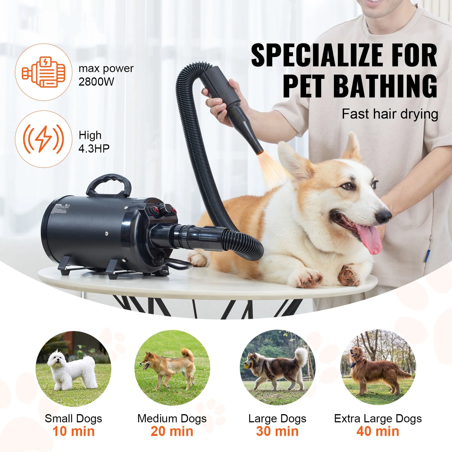 SucceBuy 2000W Dog Blow Dryer With Adjustable Speed Temperature Extendable Hose