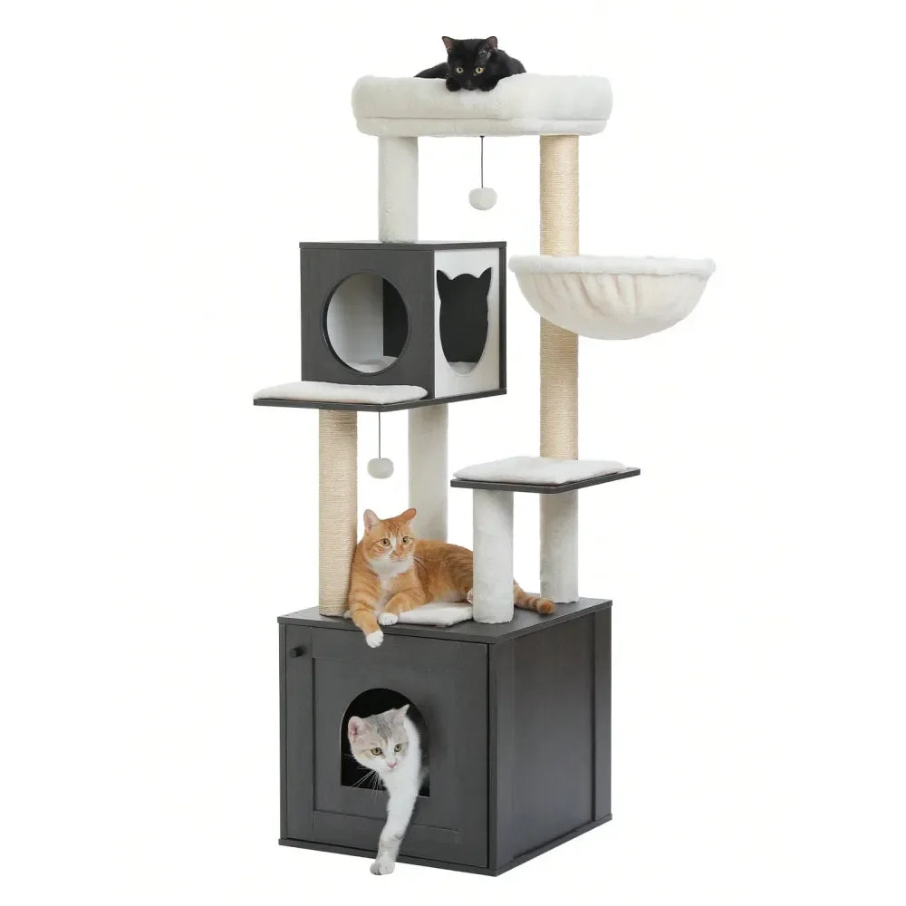 XMSJ Cat Tree With Litter Box Enclosure And Storage Cabinet