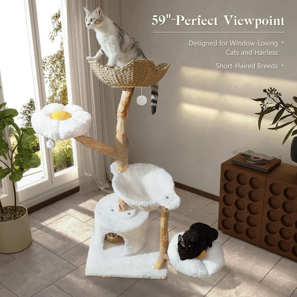 RBXC Modern Cat Tree Tower With Real Wood Branches And Flower Perches