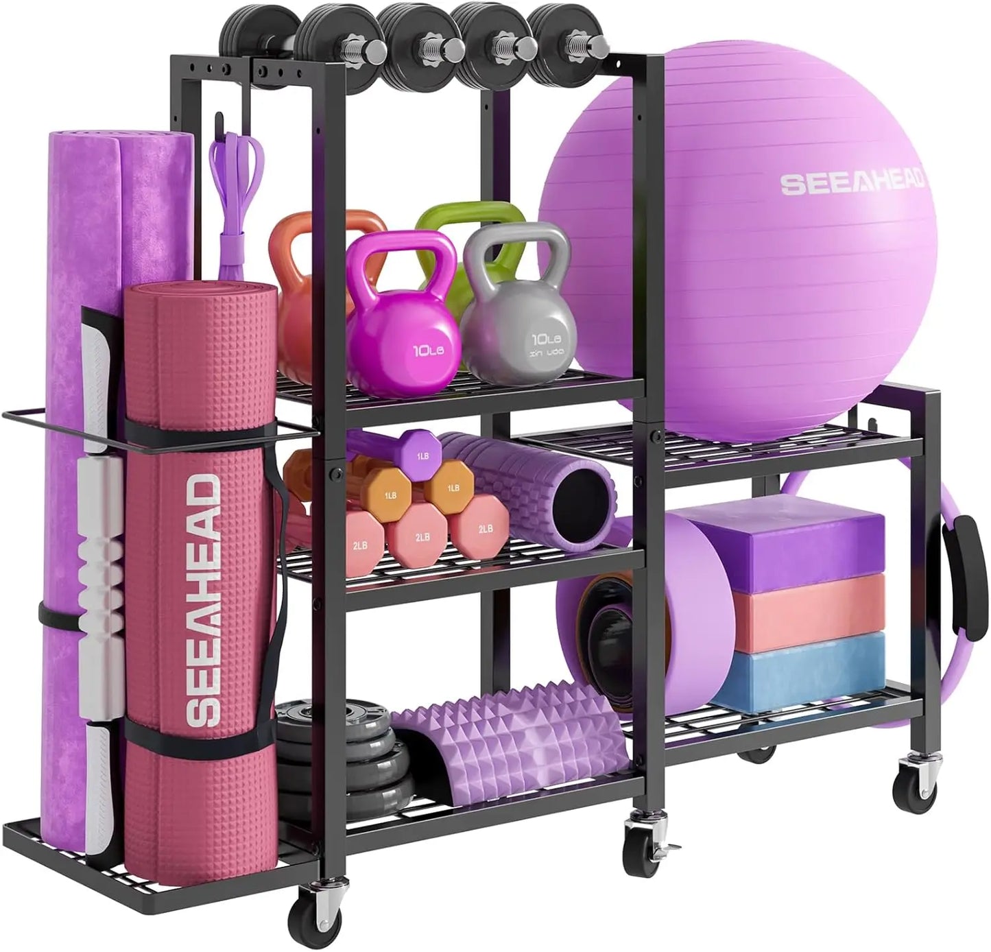 6-Tier Adjustable Gym Storage Rack With Wheels For Dumbbells And Yoga Mats