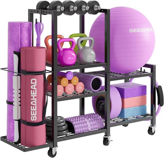 6-Tier Adjustable Gym Storage Rack With Wheels For Dumbbells And Yoga Mats