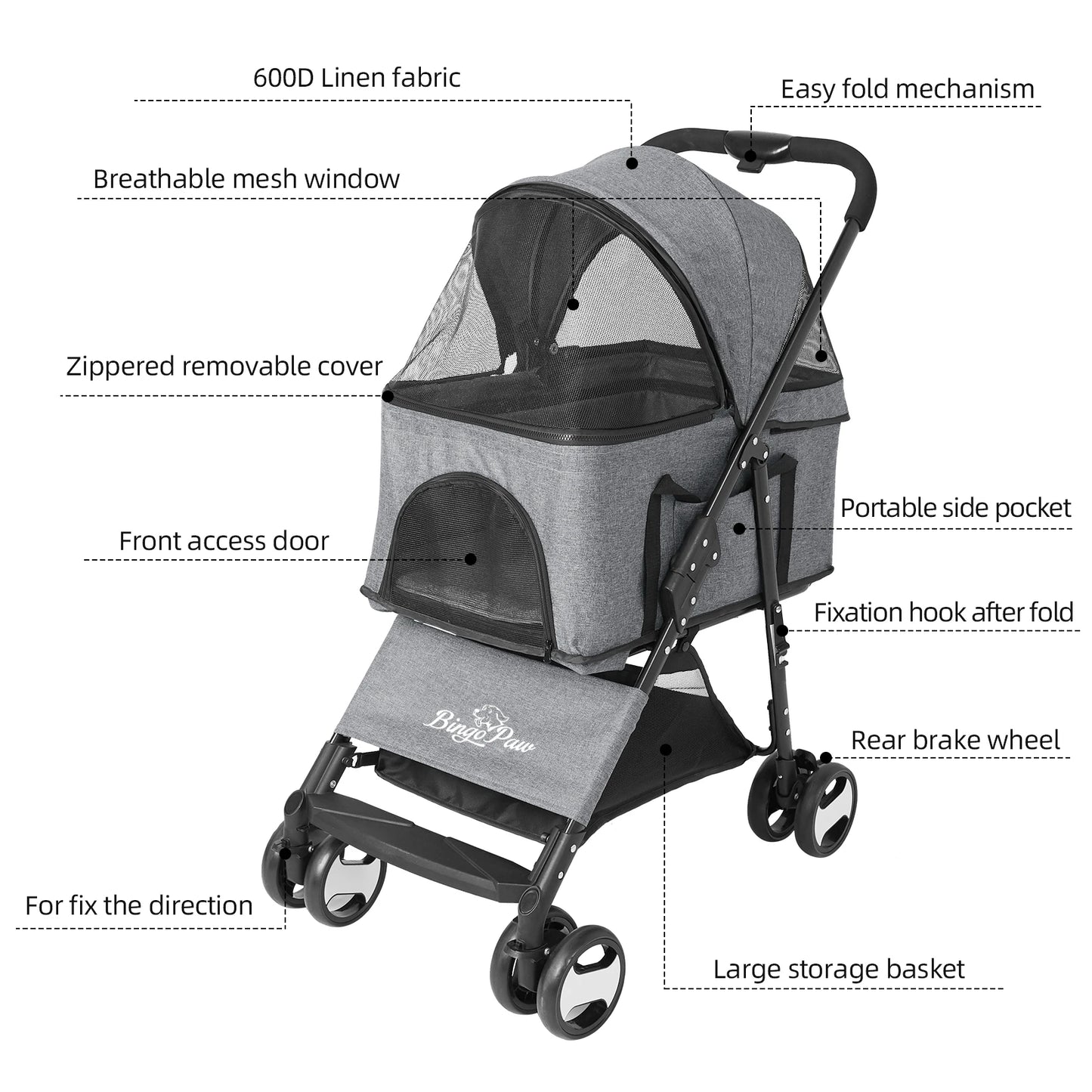 BINGOPAW Pet Stroller Pram Carrier For Dogs Travel