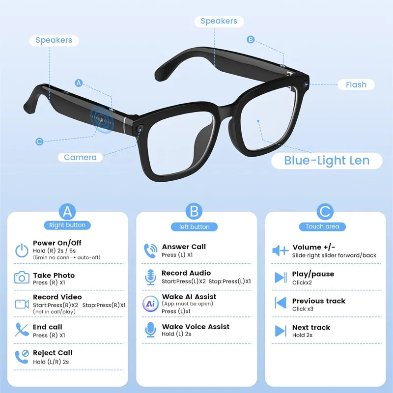 AI Smart Glasses 8MP Camera 4K Video Bluetooth 5.3 Translator