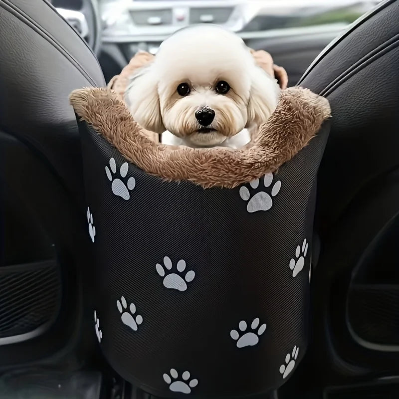 Portable Black Fabric Dog Car Seat With Paw Print Design And Headrest