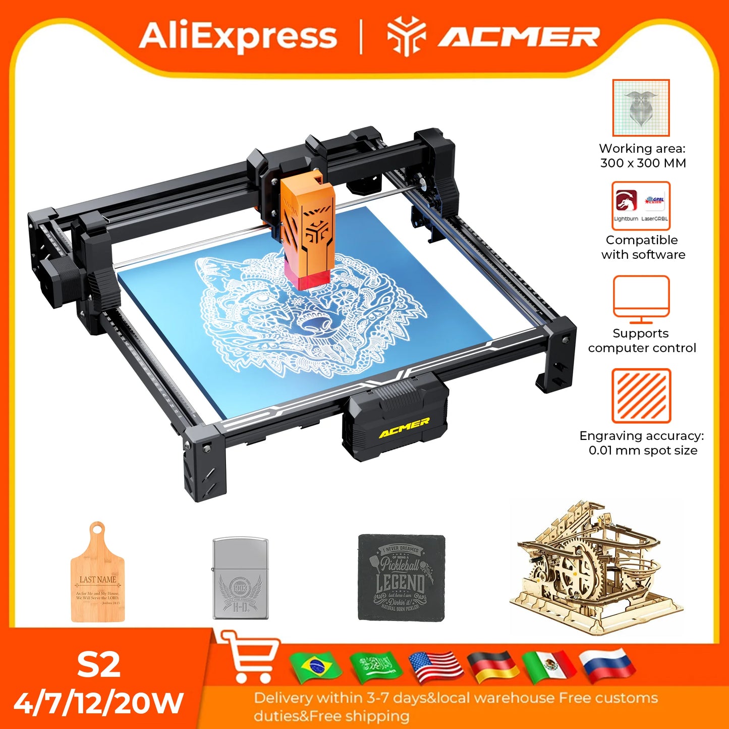 ACMERC S2 Laser Engraving Cutting Machine 4 7 12 20W