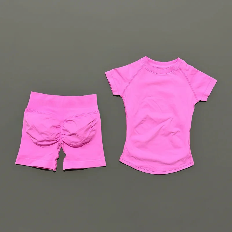 Histello Women's Seamless Yoga Set Short Sleeve Top And Shorts