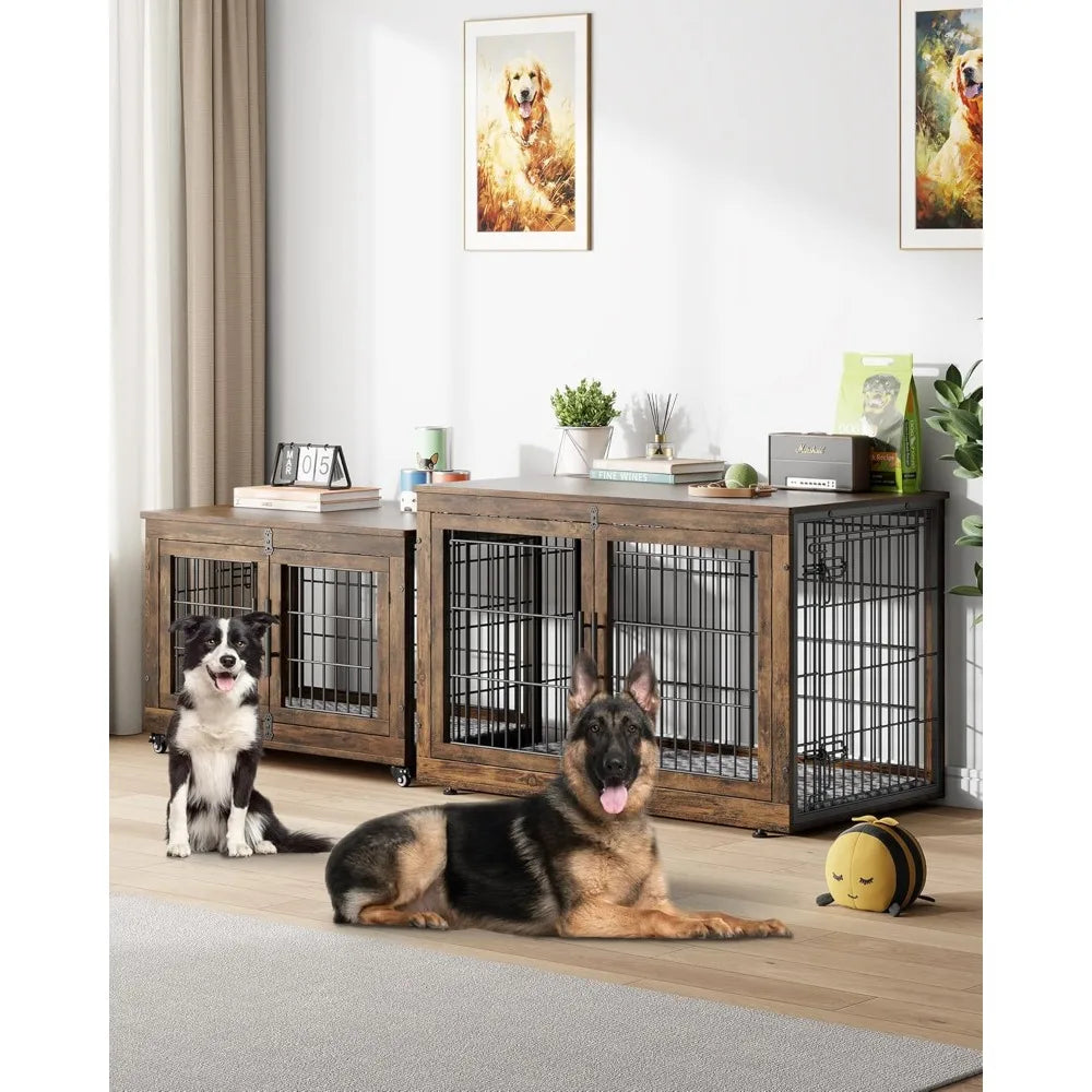 Engineered Wood Dog Crate Furniture With Cushion Set Of 2