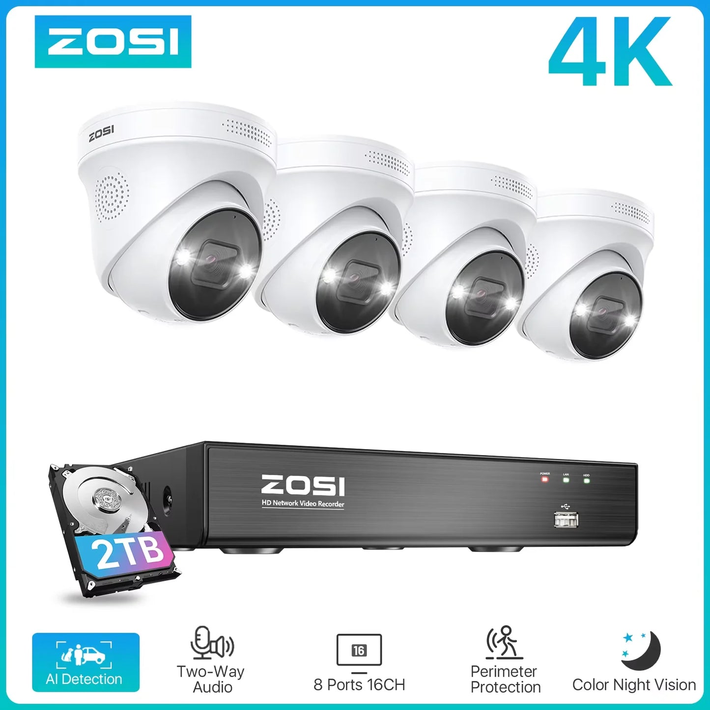 ZOSICTV Security System 4K POE NVR Kit With AI Detection