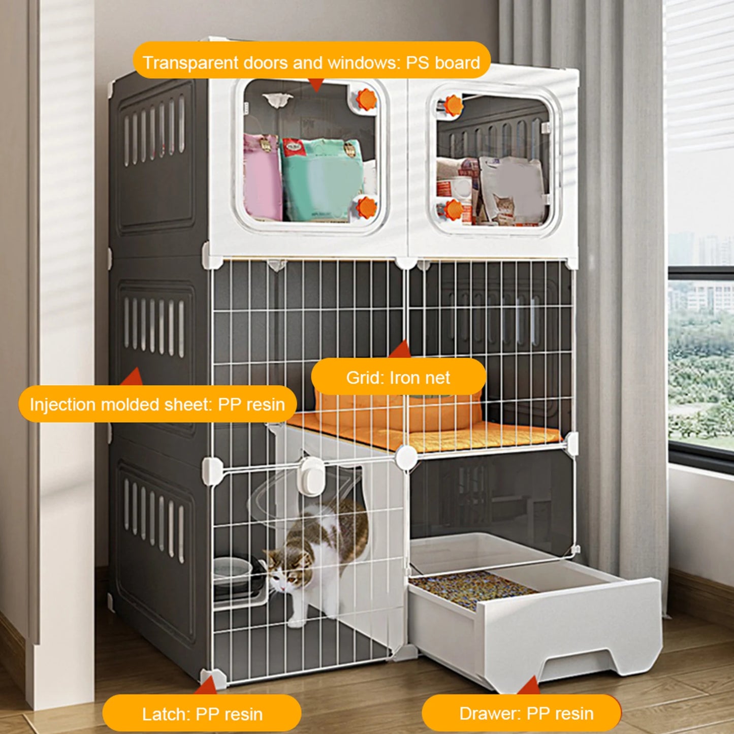 Indoor Metal Wire Cat Cage Enclosure With Storage Cube Bed