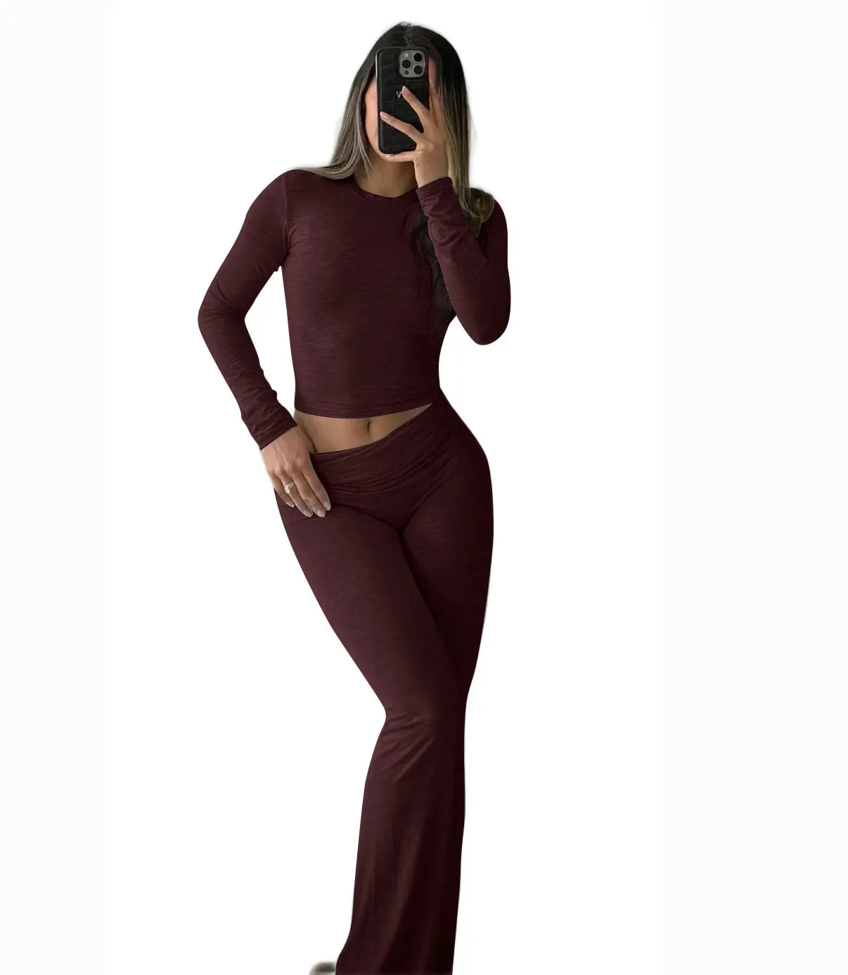 NONECN Women's Yoga Two-Piece Set Long Sleeve Wide-Leg Activewear