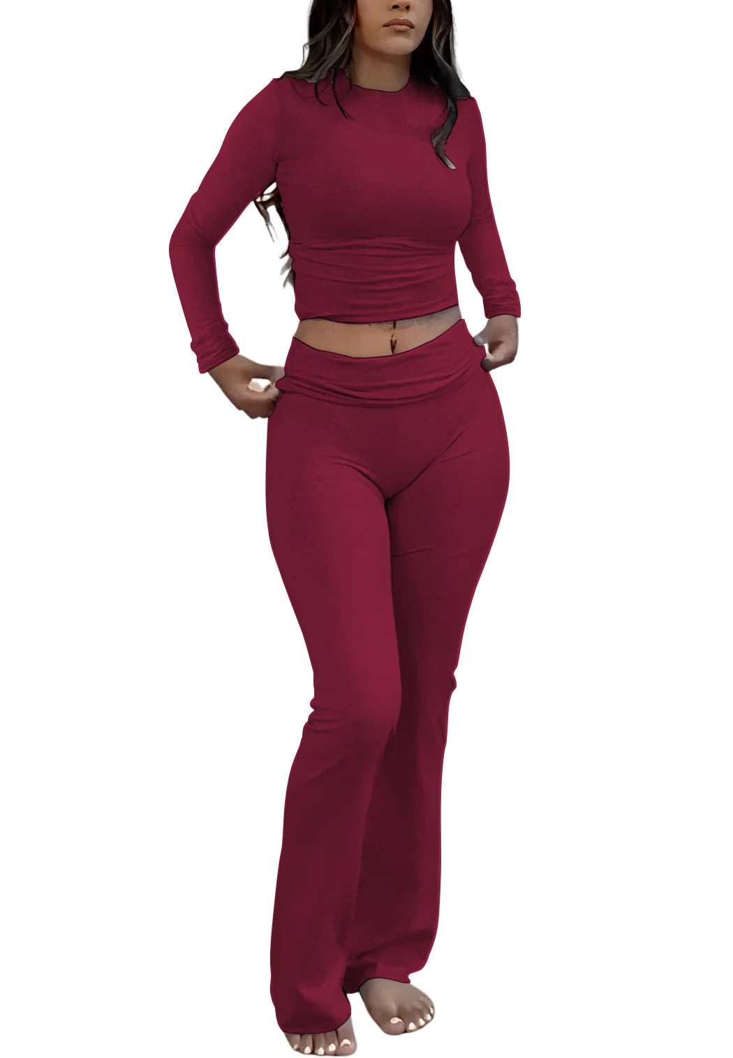 NONECN Women's Yoga Two-Piece Set Long Sleeve Wide-Leg Activewear