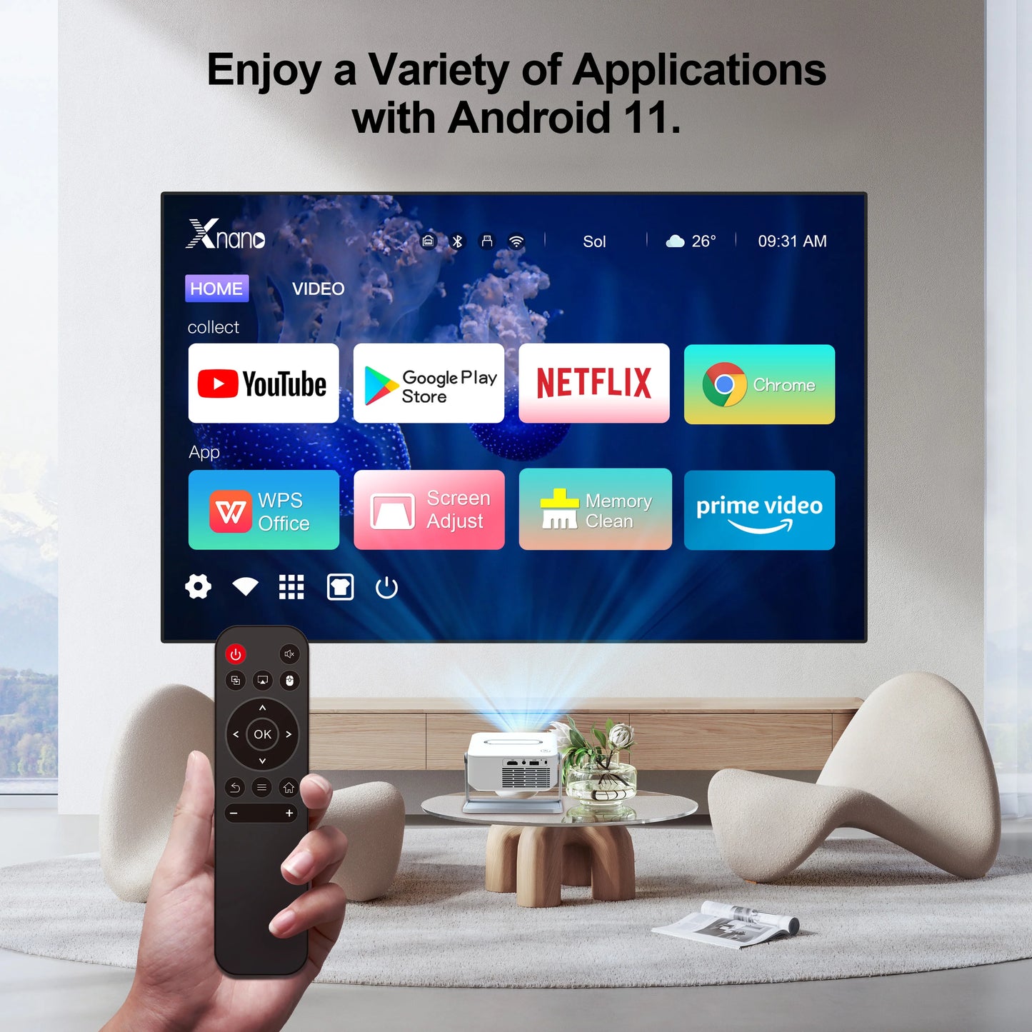 Xnano HA109 Mini Projector Android11 WiFi6 BT5.0 280 ANSI 720P Built-in App Mirror SmartPhone for 1080P 4K Video Home Cinema