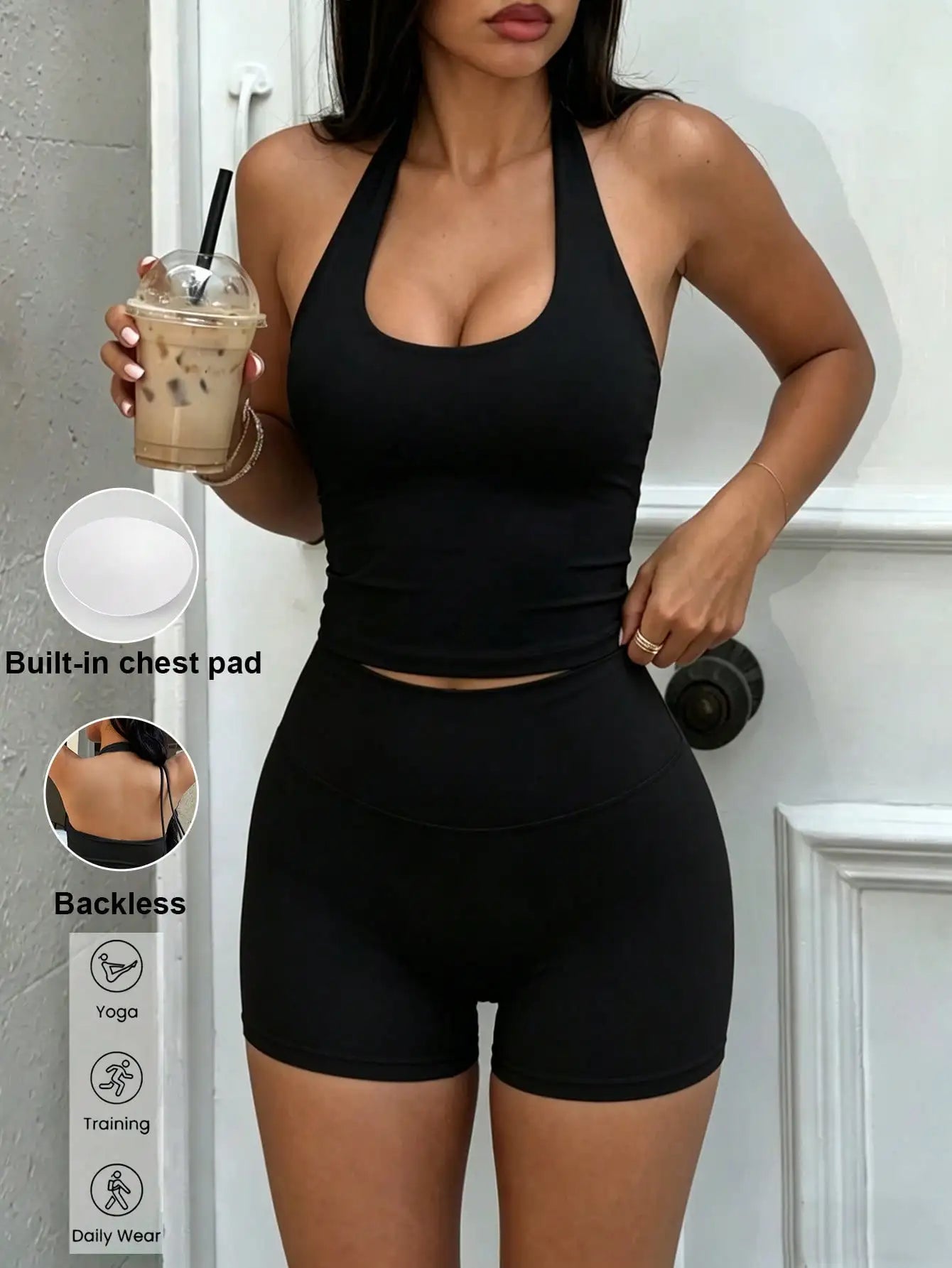 Women's Summer Two Piece Padded Crop Top Set Backless