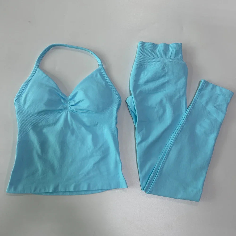No Logo Seamless Gym Set For Women High Waist Leggings