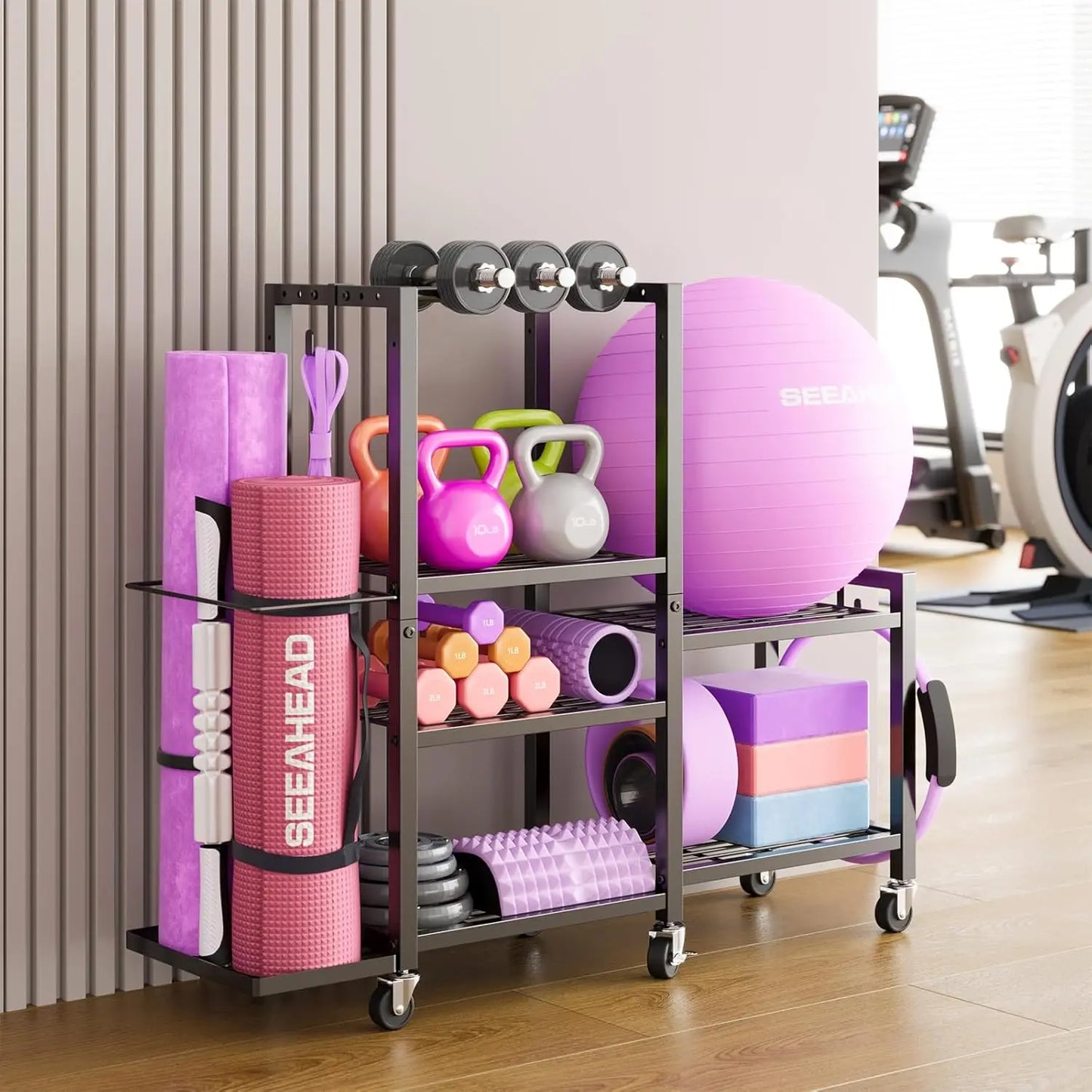 6-Tier Adjustable Gym Storage Rack With Wheels For Dumbbells And Yoga Mats