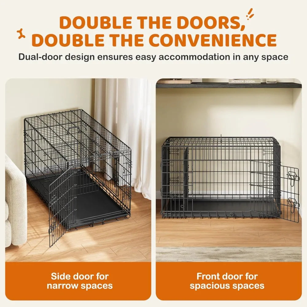 Collapsible Double Door Dog Crate With Divider And Removable Tray