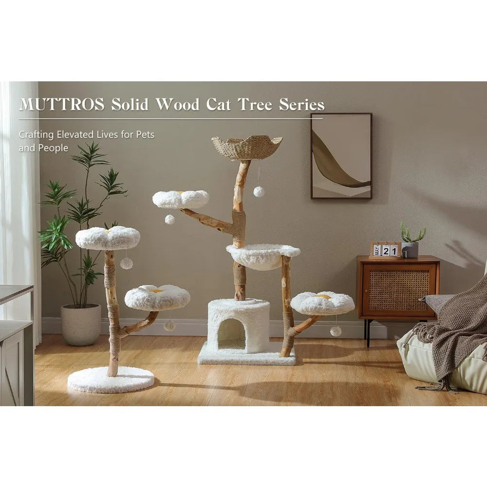 RBXC Modern Cat Tree Tower With Real Wood Branches And Flower Perches