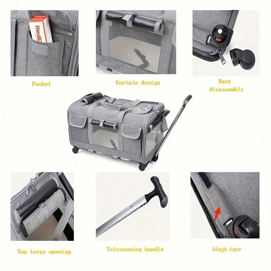 Airline Approved Rolling Pet Carrier With Detachable Wheels Telescopic Handle