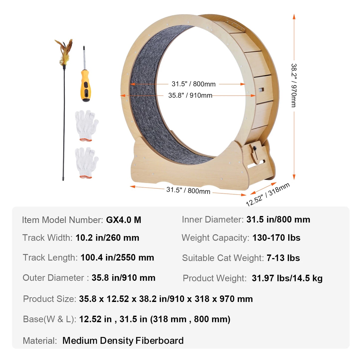 SucceBuy Wooden Cat Exercise Wheel Indoor Running Teaser With Detachable Carpet