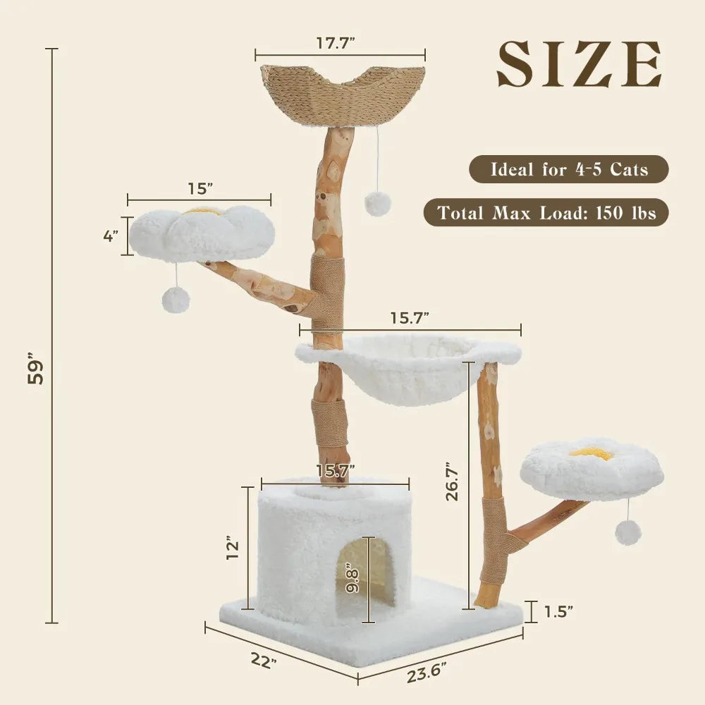 RBXC Modern Cat Tree Tower With Real Wood Branches And Flower Perches