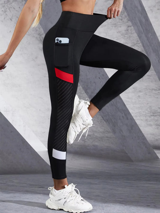 Colorblocked Mesh High Waist Yoga Pants With Side Pockets For Women