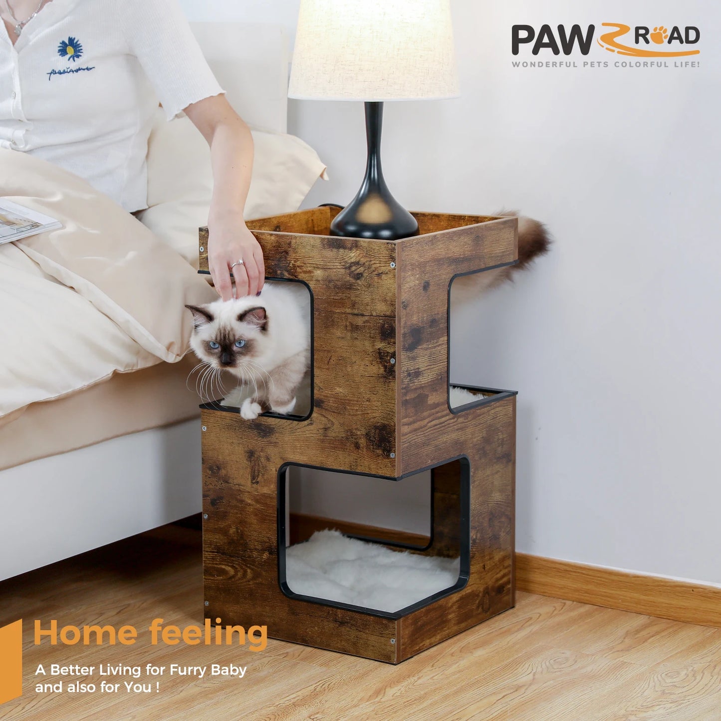 PAWZ Road Wood Cat Condo House With Scratching Pad Included