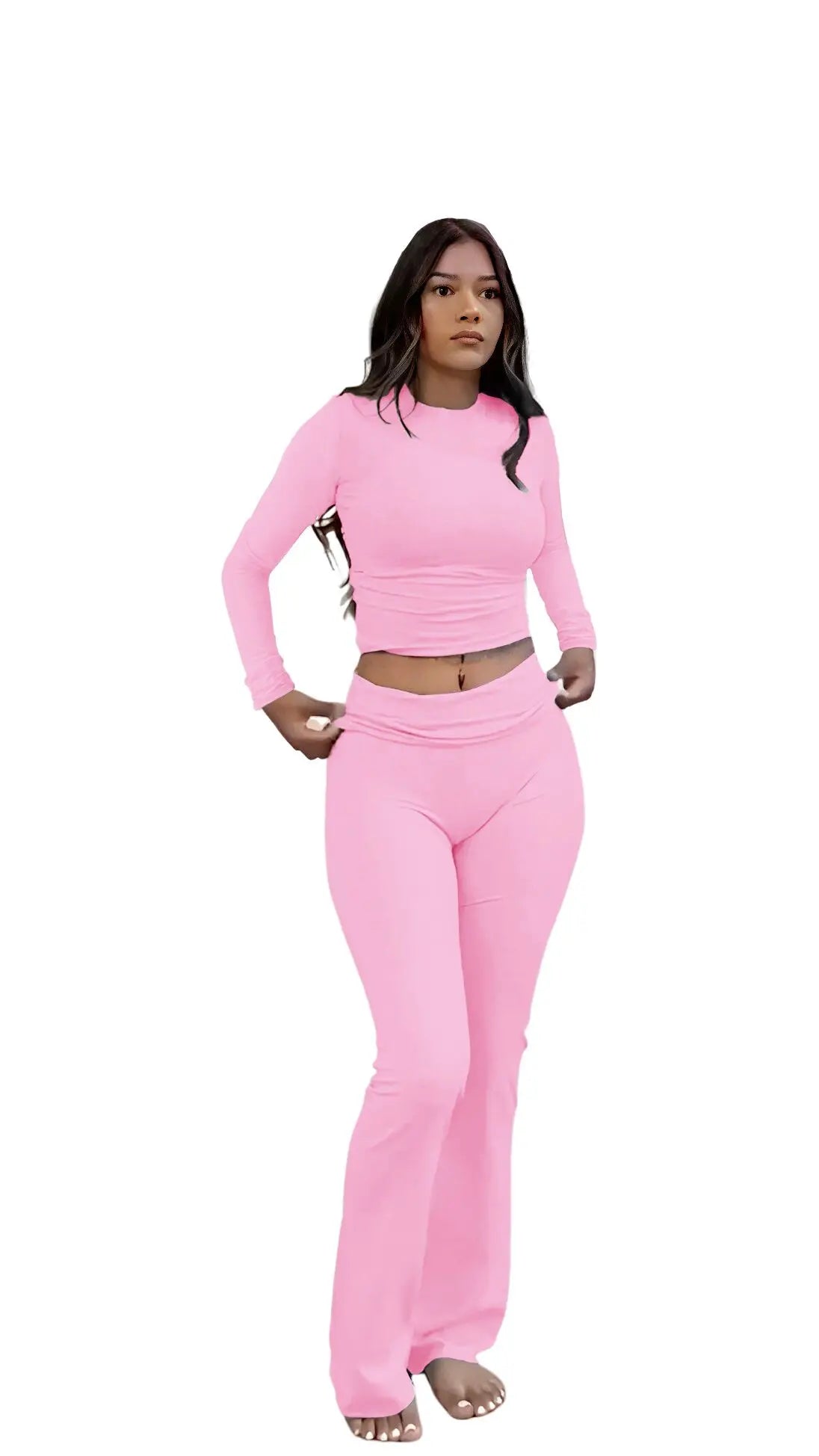 NONECN Women's Yoga Two-Piece Set Long Sleeve Wide-Leg Activewear