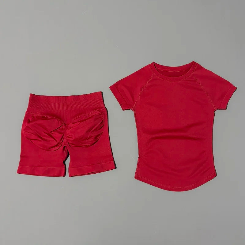 Histello Women's Seamless Yoga Set Short Sleeve Top And Shorts