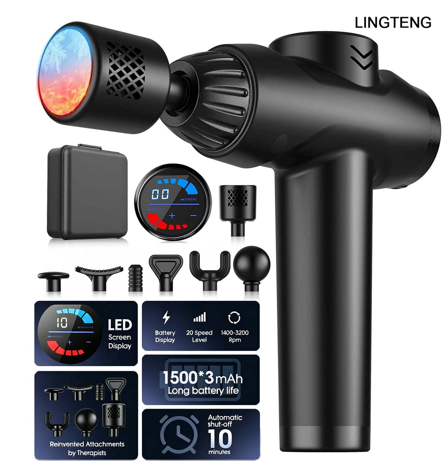 LINGTENG EM9 Massage Gun Back Neck 7 Heads Hot Cold