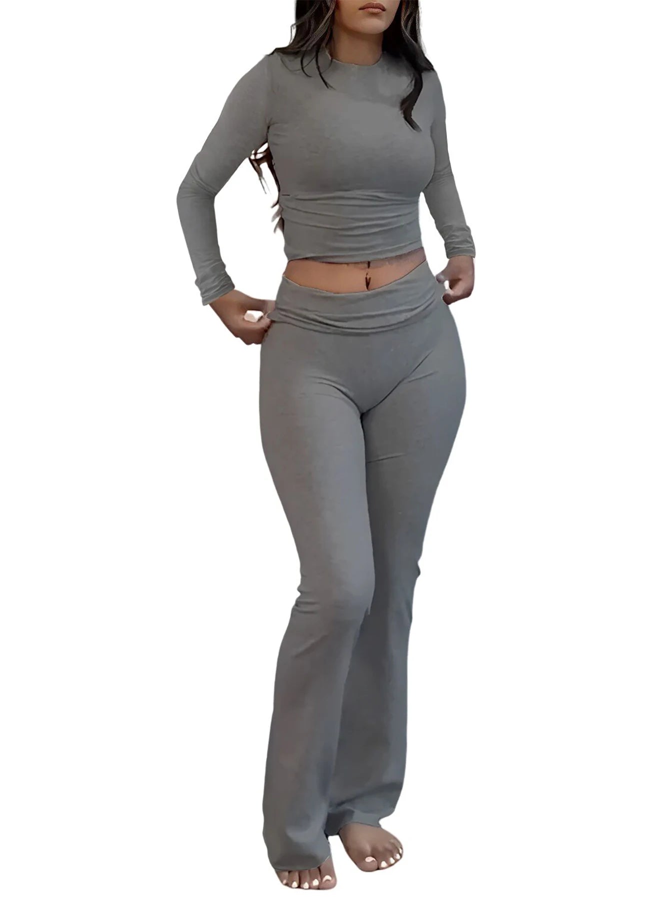 NONECN Women's Yoga Two-Piece Set Long Sleeve Wide-Leg Activewear