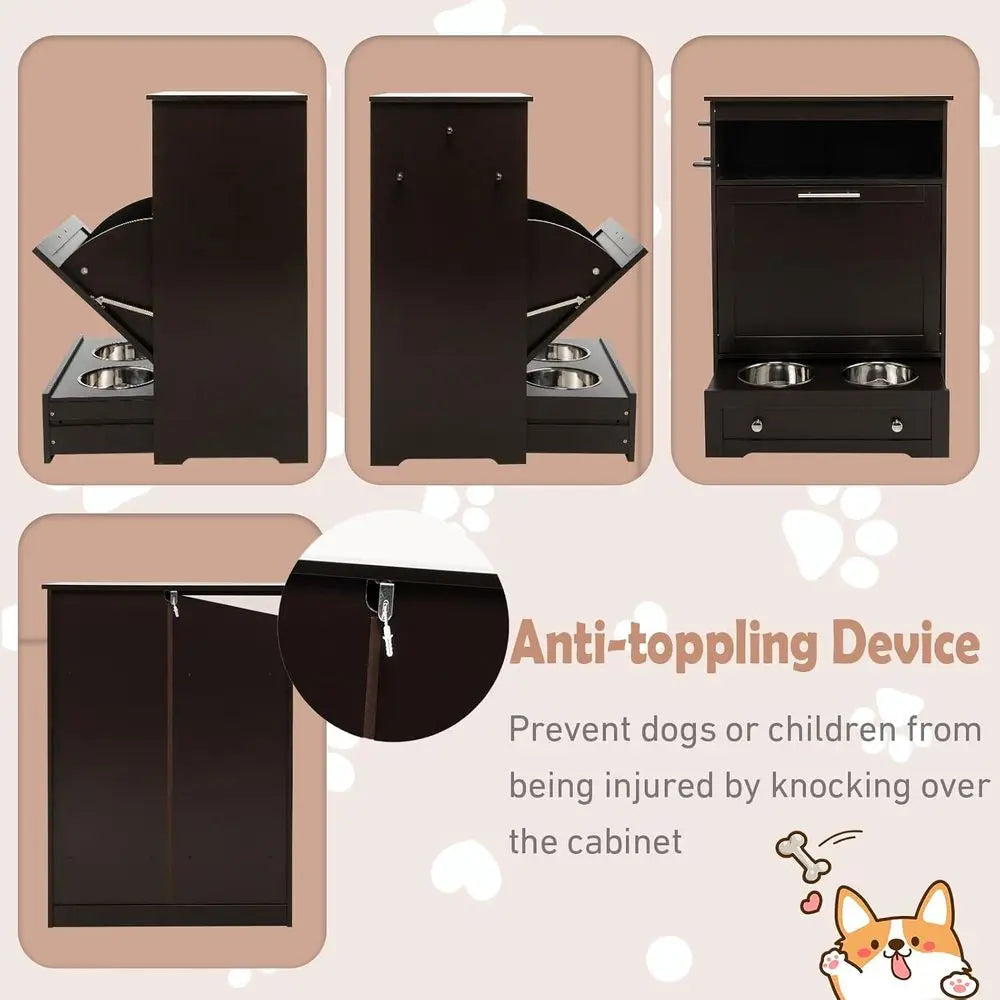 Dog Food Cabinet Feeding Station With Elevated Bowls And Storage