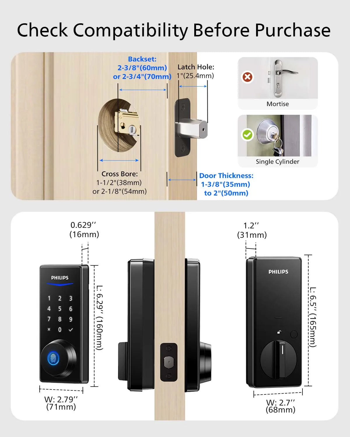 Philips Fingerprint Smart Lock, APP Control, Keyless Entry Door Lock, Auto-Lock, 9-Month Long Battery