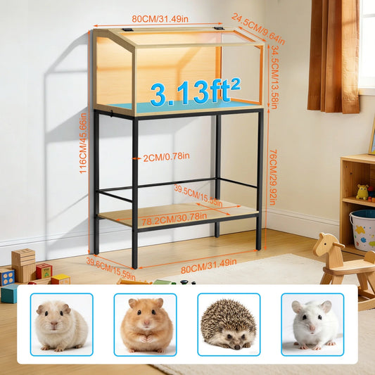 60/80/100/CM Hamster Cage Chewproof Wooden Guinea Pig Cages Habitat House Tempered Glass Panels Built-in LED Light for Small Pets