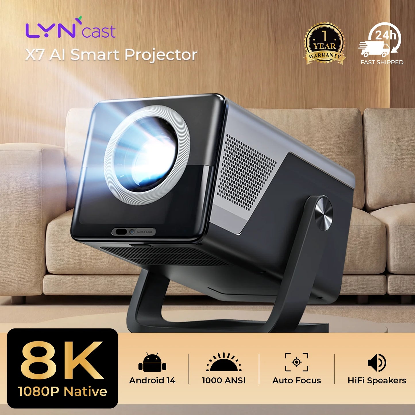 LynCast X7 Native 1080P Smart Projector Android 14 Netflix YouTube