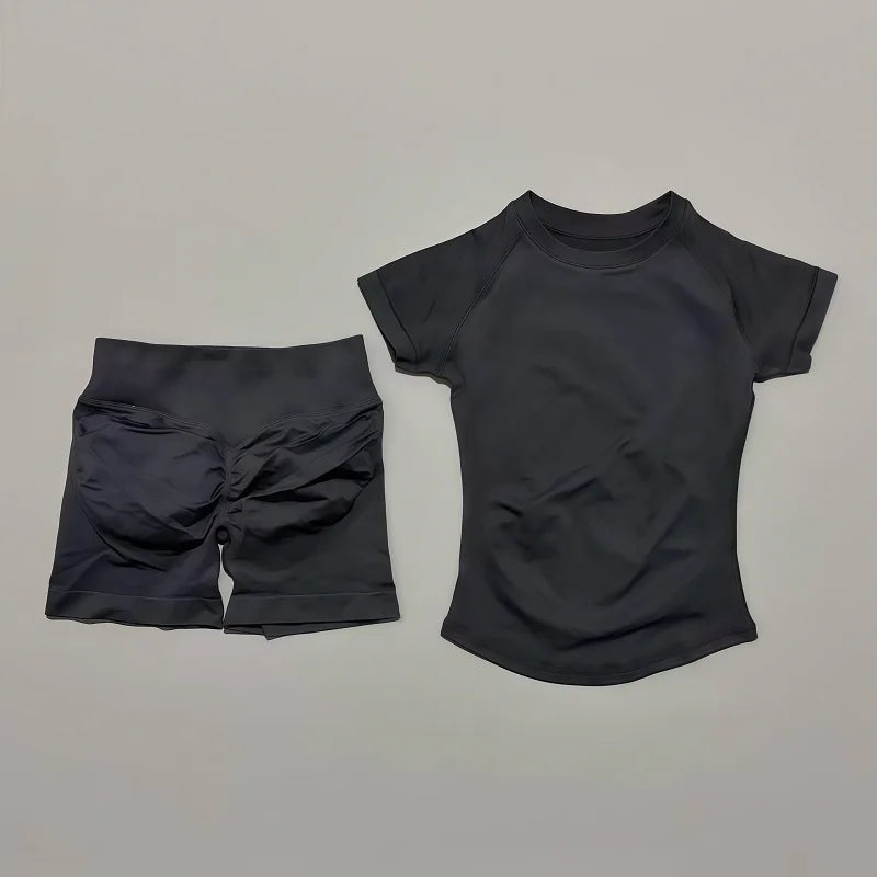 Histello Women's Seamless Yoga Set Short Sleeve Top And Shorts