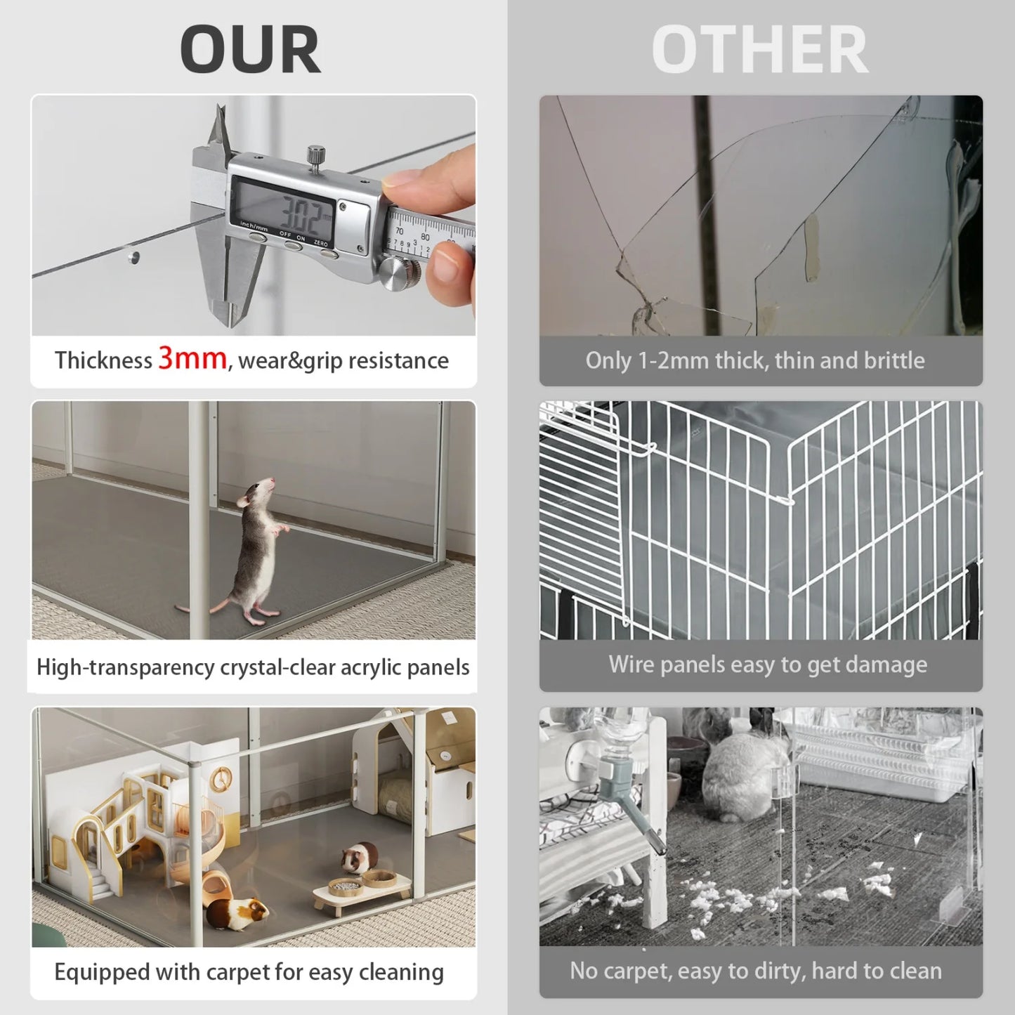 NONECN Clear Acrylic Hamster Play Pen 6 Panels Enclosure