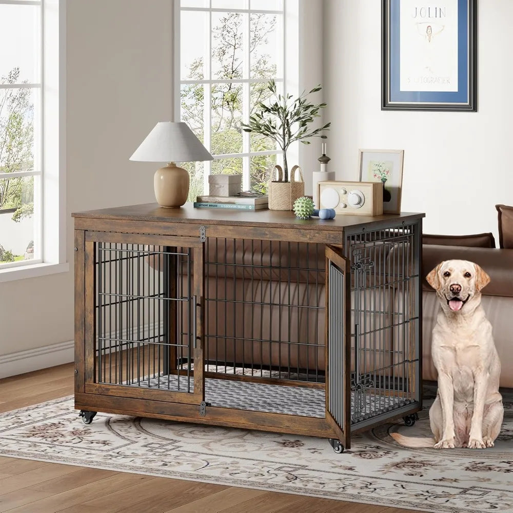 Engineered Wood Dog Crate Furniture With Cushion Set Of 2
