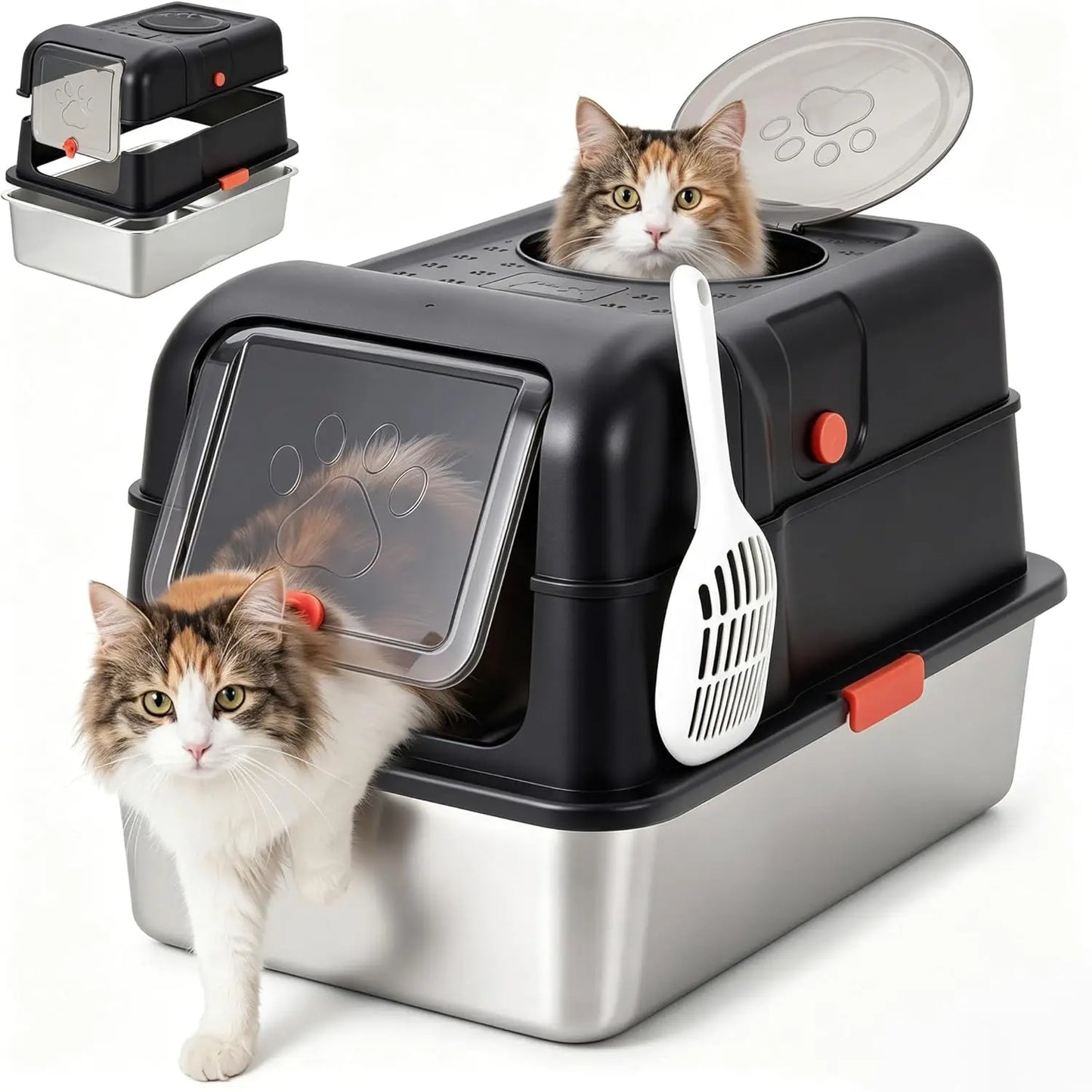 Studyset Enclosed Stainless Steel Cats Litter Box With Front Entry And Scoop