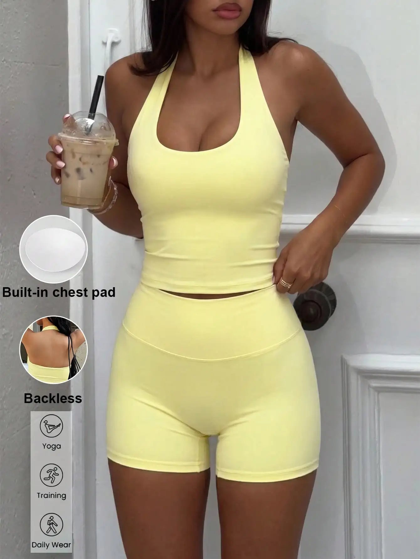 Women's Summer Two Piece Padded Crop Top Set Backless
