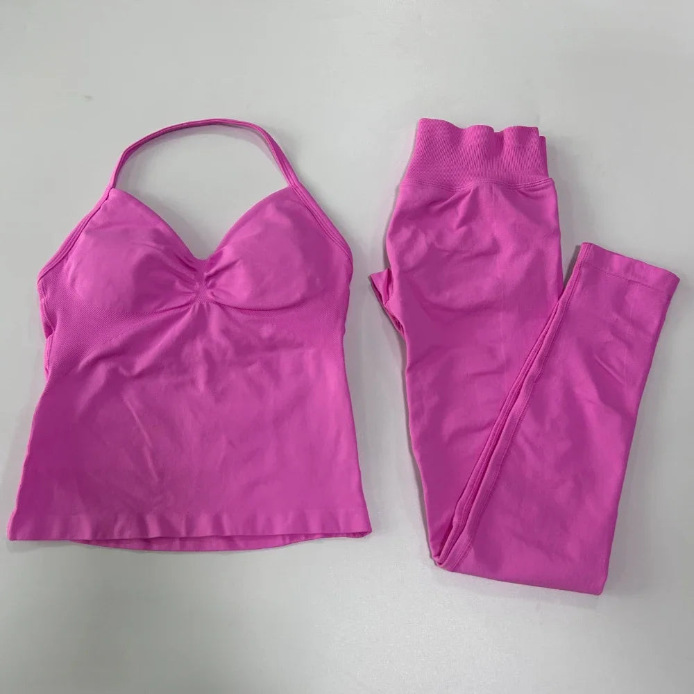No Logo Seamless Gym Set For Women High Waist Leggings
