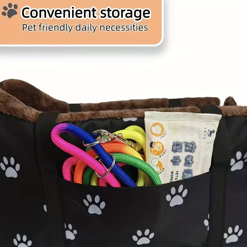 Portable Black Fabric Dog Car Seat With Paw Print Design And Headrest