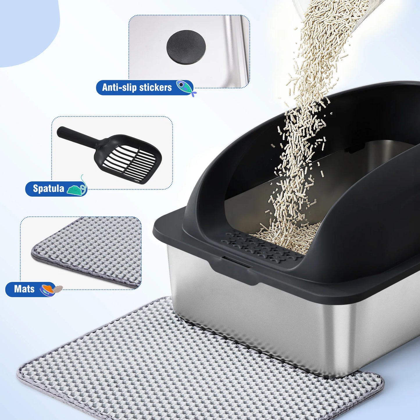 Stainless Steel Cat Litter Box With Lid Anti Leakage Mat