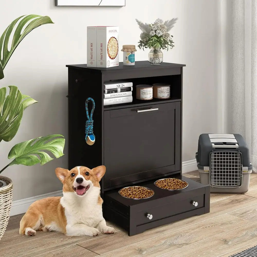 Dog Food Cabinet Feeding Station With Elevated Bowls And Storage